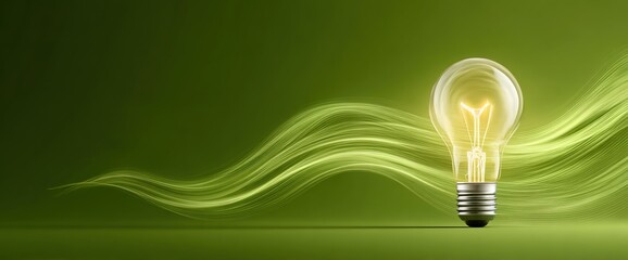 Glowing Light Bulb with Green Energy Waves Background, Ideal for sustainability ads, tech ideas content, eco-friendly brand visuals, innovation presentations, or green design backdrops