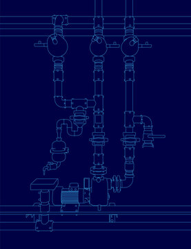 A detailed blueprint of a water treatment system on a blue background illustrates the electric pump, engine, pipes, and valve contours.
