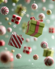 A bunch of christmas balls flying in the air