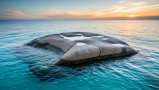 Large floating object on calm ocean water at sunset