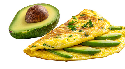 Delicious avocado omelette with sliced avocado and fresh herbs on a white plate isolated on transparent background