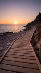 Obraz premium Serene wooden boardwalk along rocky beach at sunset