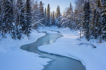 Serene winter landscape with snow covered river and trees