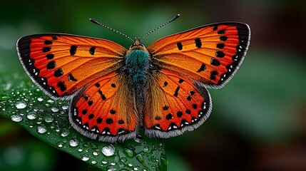 Orange butterfly resting wet tropical leaf wallpapers