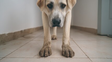 Playful Labrador Dog with Dirty Paws Standing in a Clean Hallway After Outdoor Adventures, Expressing Curiosity and Innocence