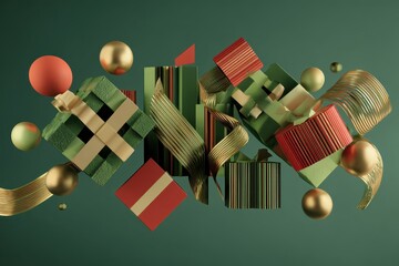 A green background with gold and red ornaments