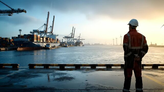 Port worker watches container ship at harbor with cranes. Worker observes shipping operations at port. Container ship docked at harbor with wind turbines. Port worker monitors ship at sunrise.