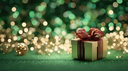 A green christmas gift box with a red ribbon