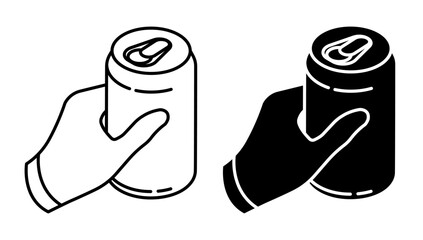 Linear icon, Isometric hand opens aluminum soda drink. Storing cocktails and soda in jar. Simple black and white vector isolated on white background