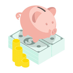 Isometric ceramic piggy bank sits on a stack of American dollars. Isolated cartoon vector concept on white background top view