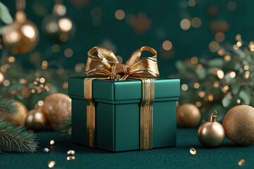 A green gift box with a gold bow and a gold bow