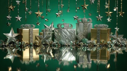 A group of presents with silver and gold stars