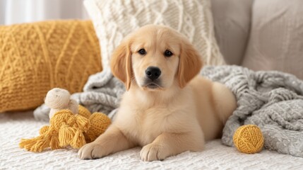Obraz premium Adorable Golden Retriever Puppy Relaxing on Cozy Blanket Surrounded by Toys in Beautiful Living Room Setting