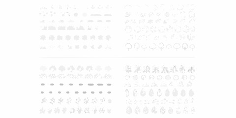 Abstract arrangement of various white shapes and patterns on a gray background