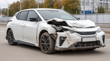 Damaged white car with extensive front-end damage parked on city street, showcasing the aftermath of a traffic accident in an urban environment.