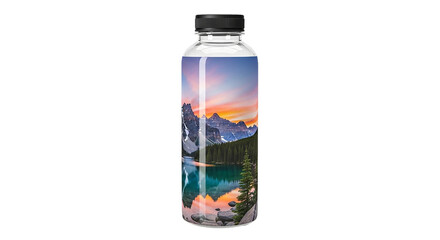 Captivating clear water bottle showcasing a majestic mountain lake sunset reflection A vibrant alpine landscape design
