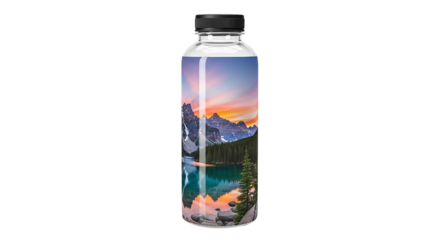 Captivating clear water bottle showcasing a majestic mountain lake sunset reflection A vibrant alpine landscape design
