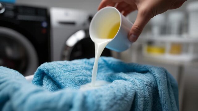 4k Hand pouring liquid fabric softener into washing machine drawer, laundry and fabric care concept
