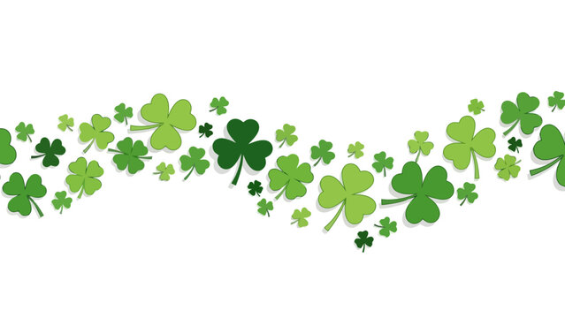 A decorative border of various green shamrocks and clover leaves on a white background.