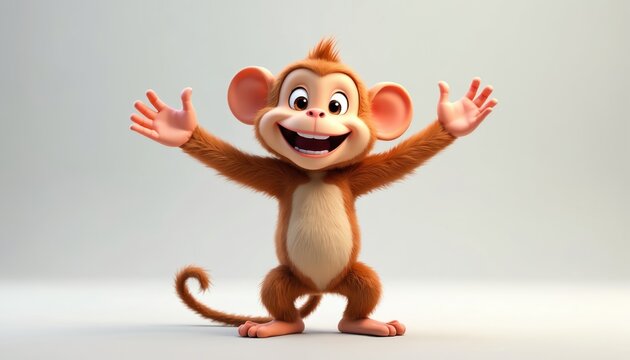 Happy cartoon monkey stands on hind legs arms spread wide open. This playful brown chimpanzee character smiles brightly in this fun jungle scene. It is a cheerful primate.