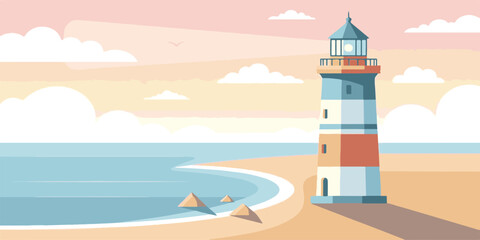 A white beacon tower stands as a historic coastal landmark where the sandy beach meets the crashing waves of the summer ocean under a clear blue sky © Munawar