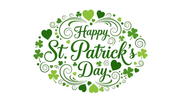 A festive oval design with swirling green patterns and shamrocks, wishing a Happy St. Patrick's Day.