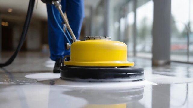 4k Professional cleaner using industrial floor cleaning machine with soap foam in modern building hygiene, maintenance, and cleanliness concept. floor cleaning, janitor