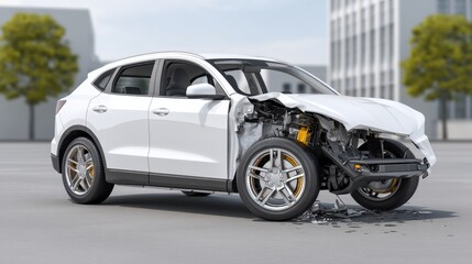 Crashed White SUV with Exposed Engine and Damaged Exterior in Urban Setting, Illustrating Vehicle Accidents and Automotive Safety Concerns
