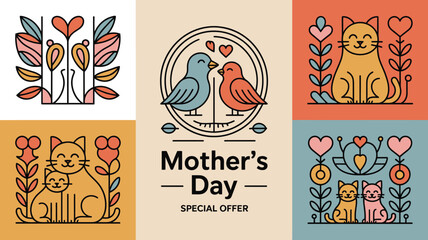 Colorful line art designs celebrate Mothers Day with loving cat families and symbolic bird and floral elements