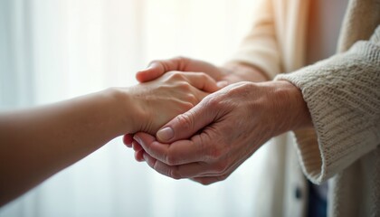 Older hands gently hold a younger arm. Comfort and support offered to a person facing illness. Empathy and care shown in quiet gesture of connection and understanding.