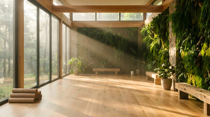 Fototapeta premium Generative AI - Sustainable Eco-Futuristic Yoga Studio with Vertical Gardens