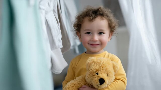 4k ute toddler standing among hanging laundry, holding a teddy bear, bright cozy scene symbolizing innocence, family warmth, and everyday life. baby, laundry, clothesl
