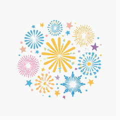 Whimsical Celebration of Sparkling Fireworks and Twinkling Stars in a Circular Graphic Design, Capturing Joyful Festivities, Bright Moments, and Enchanting Evening Displays