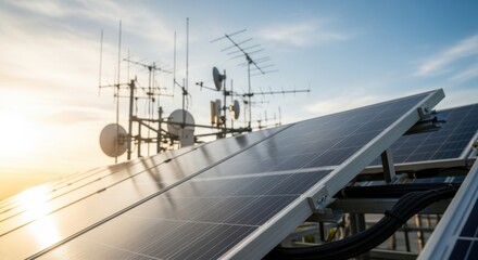 Detailed view of solar panels integrated into an RF intercom antenna farm setup highlighting sustainable power solutions.