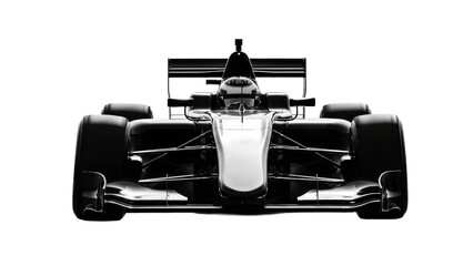 This powerful, high-contrast front view of a sleek formula 1 race car is isolated in a dramatic monochromatic studio shot.