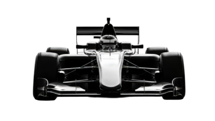 This powerful, high-contrast front view of a sleek formula 1 race car is isolated in a dramatic monochromatic studio shot.