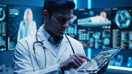 Doctor analyzes medical data on tablet in hospital. Healthcare professional uses digital technology for diagnosis. Doctor with tablet reviews medical data. Digital healthcare in modern hospital. - Powered by Adobe