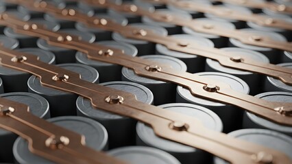 Rows of connected batteries with copper connectors