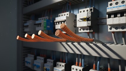 Copper electrical wires connected to circuit breakers in modern industrial setting