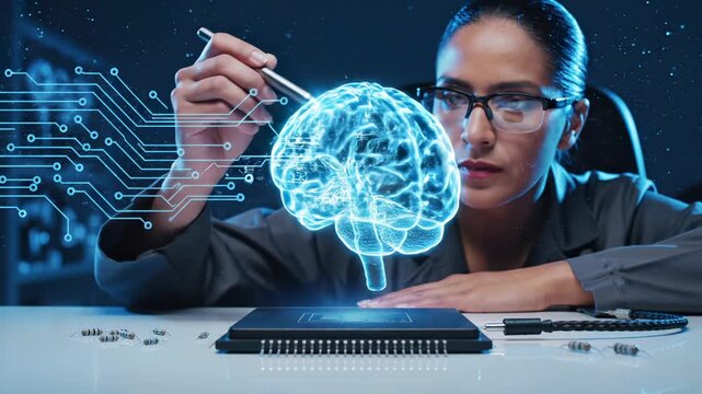 Woman engineer examines holographic brain model in lab. Scientist interacts with digital brain hologram. Engineer studies neural network visualization. Brain hologram with circuit pattern displayed.