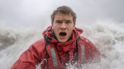 Emotional young man in distress battling fierce waves during stormy weather, showcasing raw human determination and survival instinct in challenging conditions