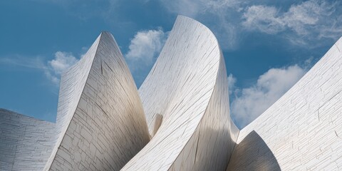 Dynamic curved facade of a contemporary architectural building against blue sky.
