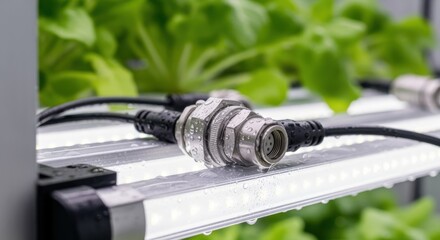 Detailed shot of waterproof connectors on an indoor vertical farming LED rack to ensure durability in humid conditions.