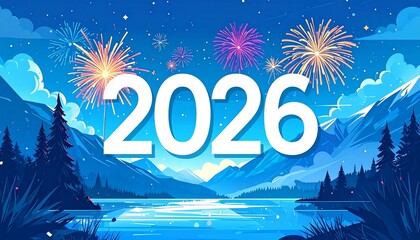 2026 Happy New Year text glowing against starry night sky with mountains silhouette, cinematic lighting, futuristic celebration concept, cool blue tones, inspirational atmosphere