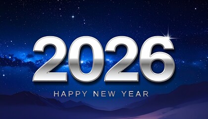 2026 Happy New Year text glowing against starry night sky with mountains silhouette, cinematic lighting, futuristic celebration concept, cool blue tones, inspirational atmosphere