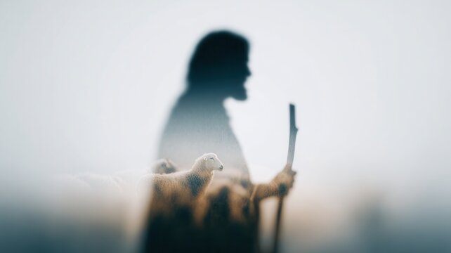 Shepherd profile with a hooded garment, holding a staff, symbolizing protection and guidance for within his sheep silhouette