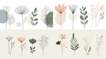 Obraz premium Minimal botanical illustration set featuring abstract flowers and leaves in soft neutral tones perfect for wall art stationery branding and modern nature inspired design