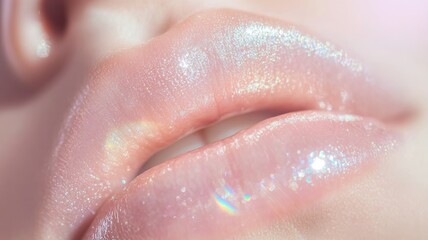Woman's glossy pink lips with sparkling lip gloss and natural white flower showing beauty, self freshness and care,