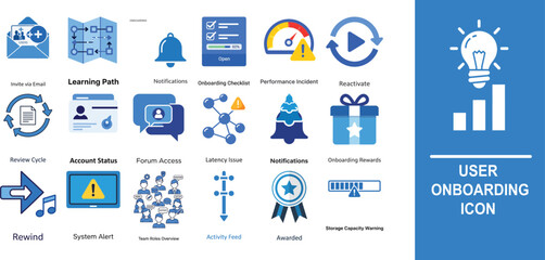 Obraz premium Collection of blue and white onboarding with text labels invite email users learning