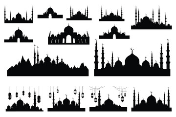 Black and white silhouette of mosque skyline with minarets and domes